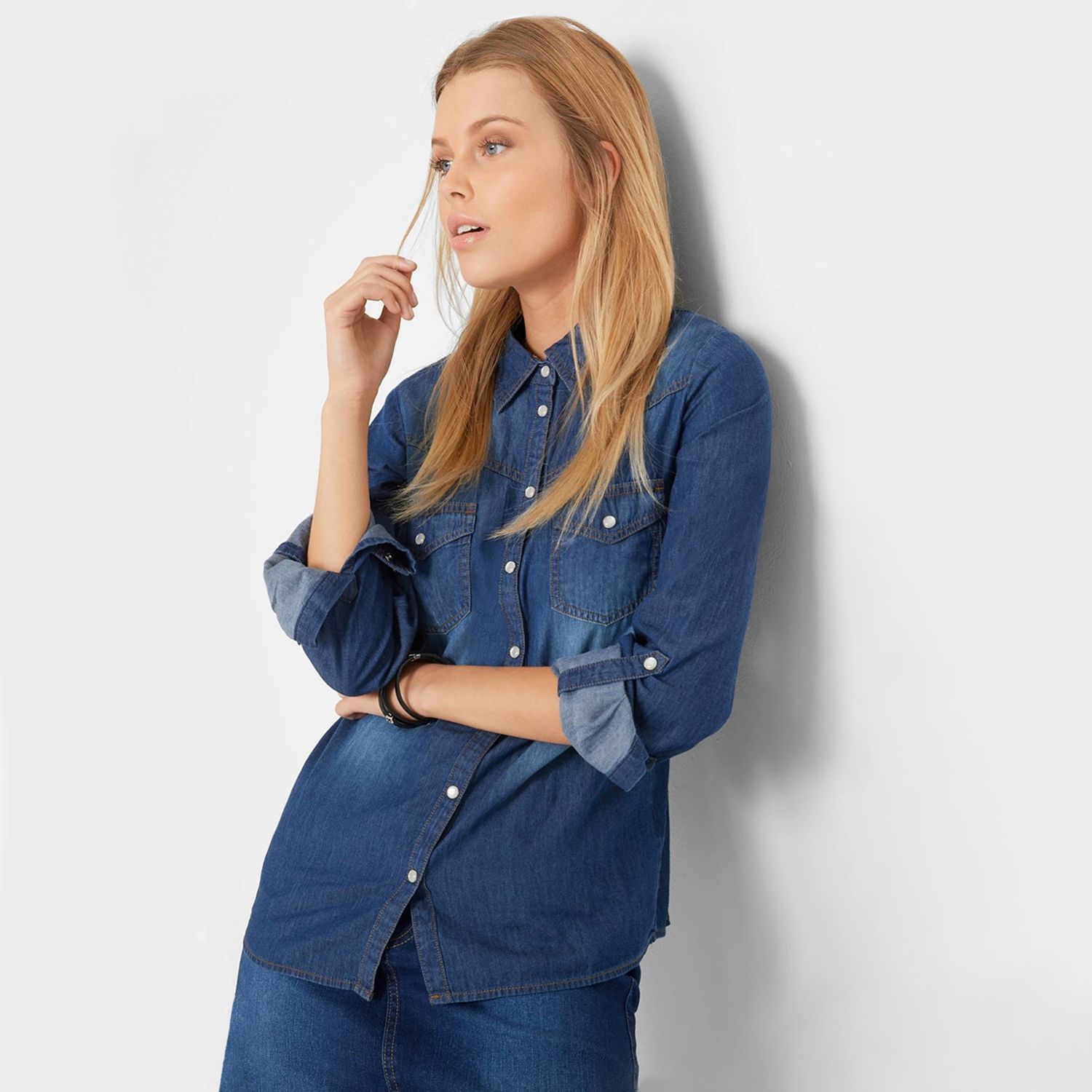 Blue Long Sleeve Denim Shirt for Women (BLU/JNBNR/CT-47)
