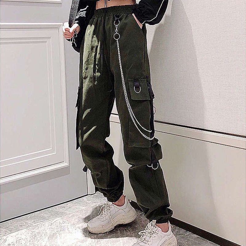 Casual Black Cargo Pants Women High Waist Buckle Chain Female Pants Spring Fashion Streetwear Ladies Loose Trousers