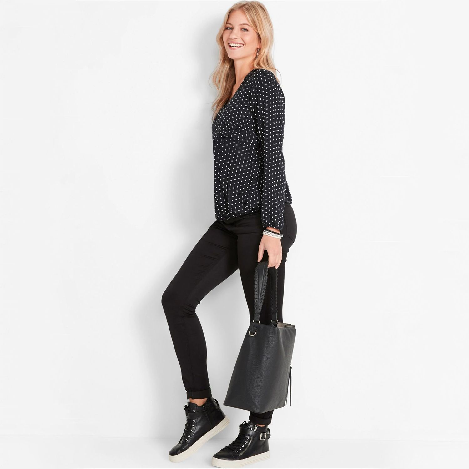 Dot Printed Viscose Long Sleeve Ladies Top (W/BLK/DOT/CT-4)