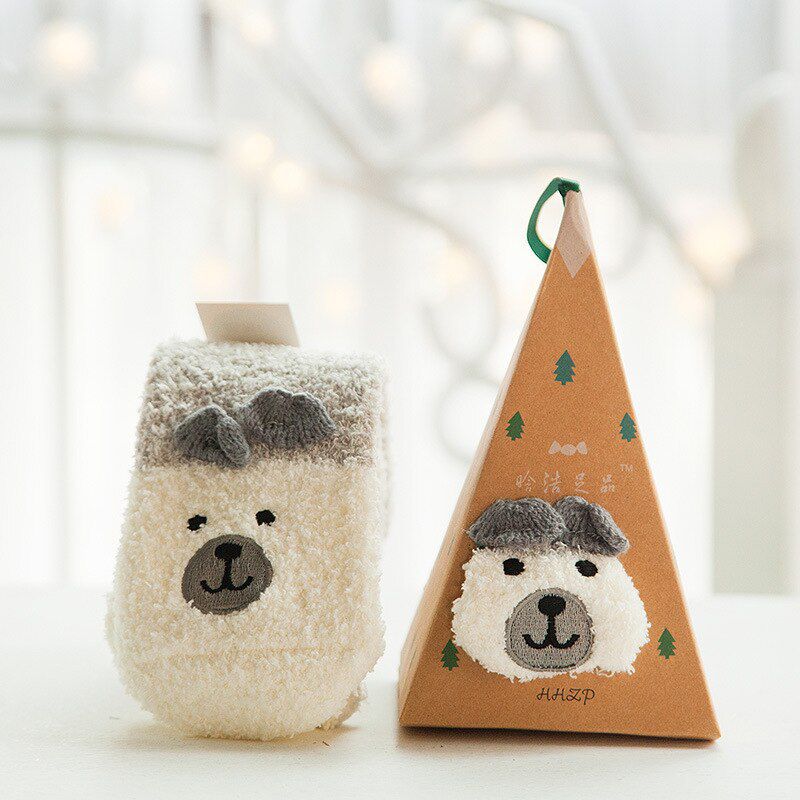 Cute Animal Design Deer funny Floor SocksGift 3D Fluffy Coral Velvet Thick Warm Winter Sock For Women new Year gift Sox with Box