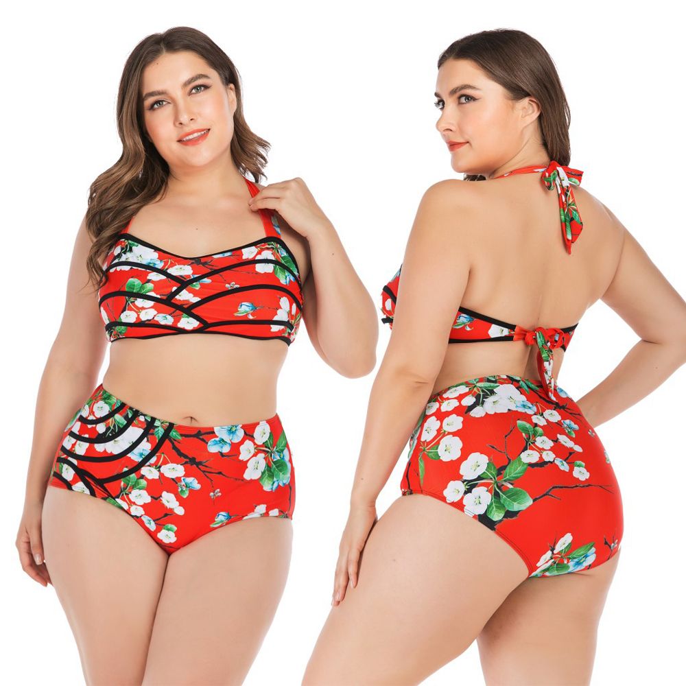Female Swimwear Pear Flower Print Two-Piece Swimsuits for Women Strappy Bikini Sets( Red, L/XL/2XL/3XL/4XL)