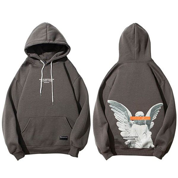 Mens  Hop Streetwear Harajuku Pullover An God Printed Hoodie cket Cotton Fleece Pullover Grey Hooded Sweatshirt