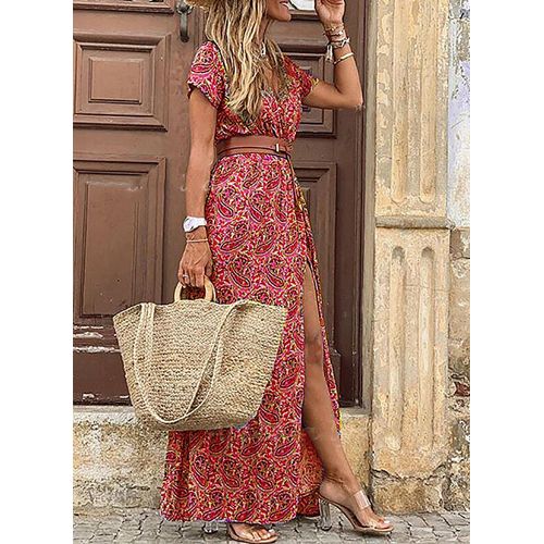 Summer Boho Long Dress Women Casual 7 Colors Printed V Neck Tunic Party Dresses Female Elegant High Slit Beach Robe Dress
