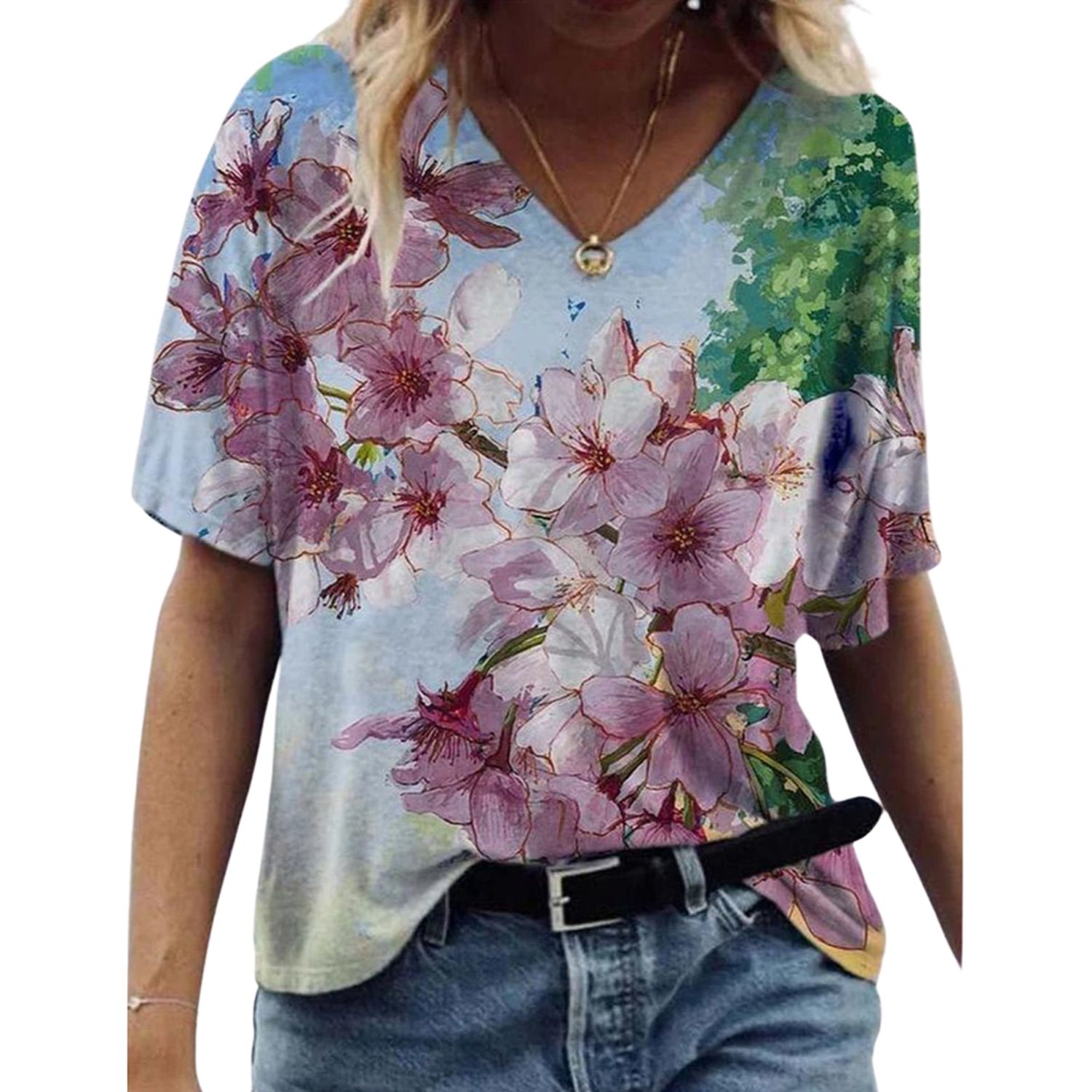Women's Short Sleeve T-Shirts, Casual Summer V Neck Floral Print Loose Tops Shirts