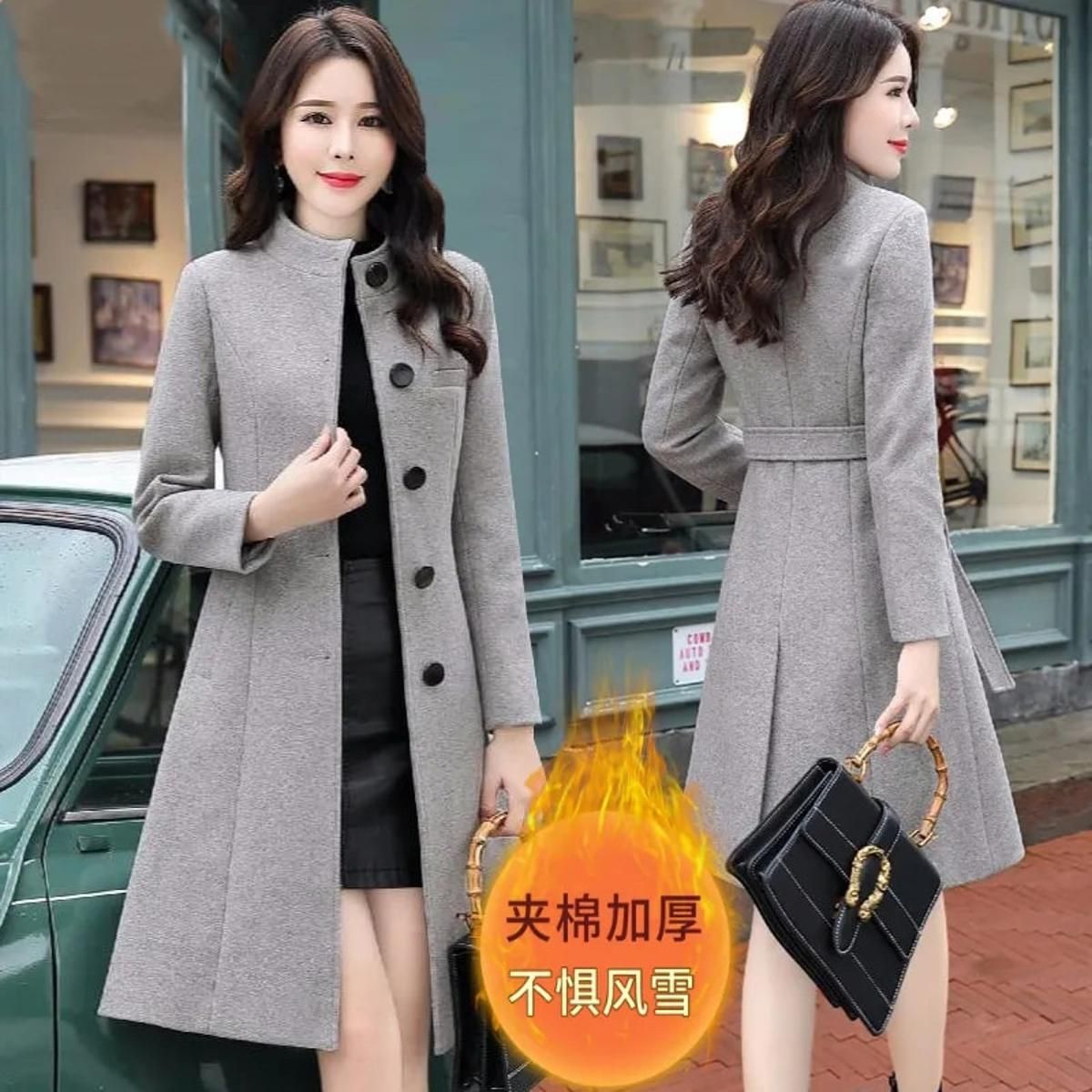 Autumn Winter Woolen Coat Women Long Korean Thicken Warm Wool Coat Jacket Blue Women's Single-ed Casual Overcoat With Belt