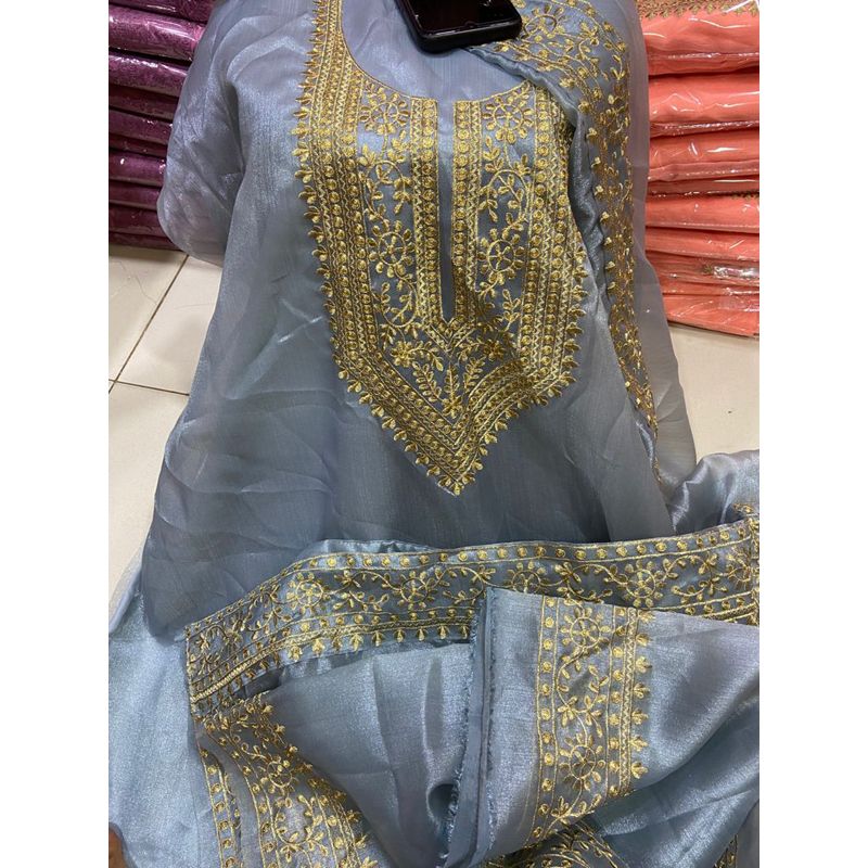 Alita Mart Featuring Unstitched Tissue Embroidery Designable Party Four Piece Grey Color Dress