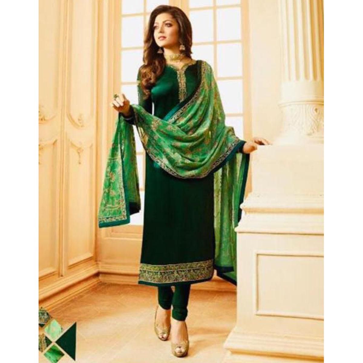 Fashionable Unstitched Dark Green Georgette Salwar Kameez For Women