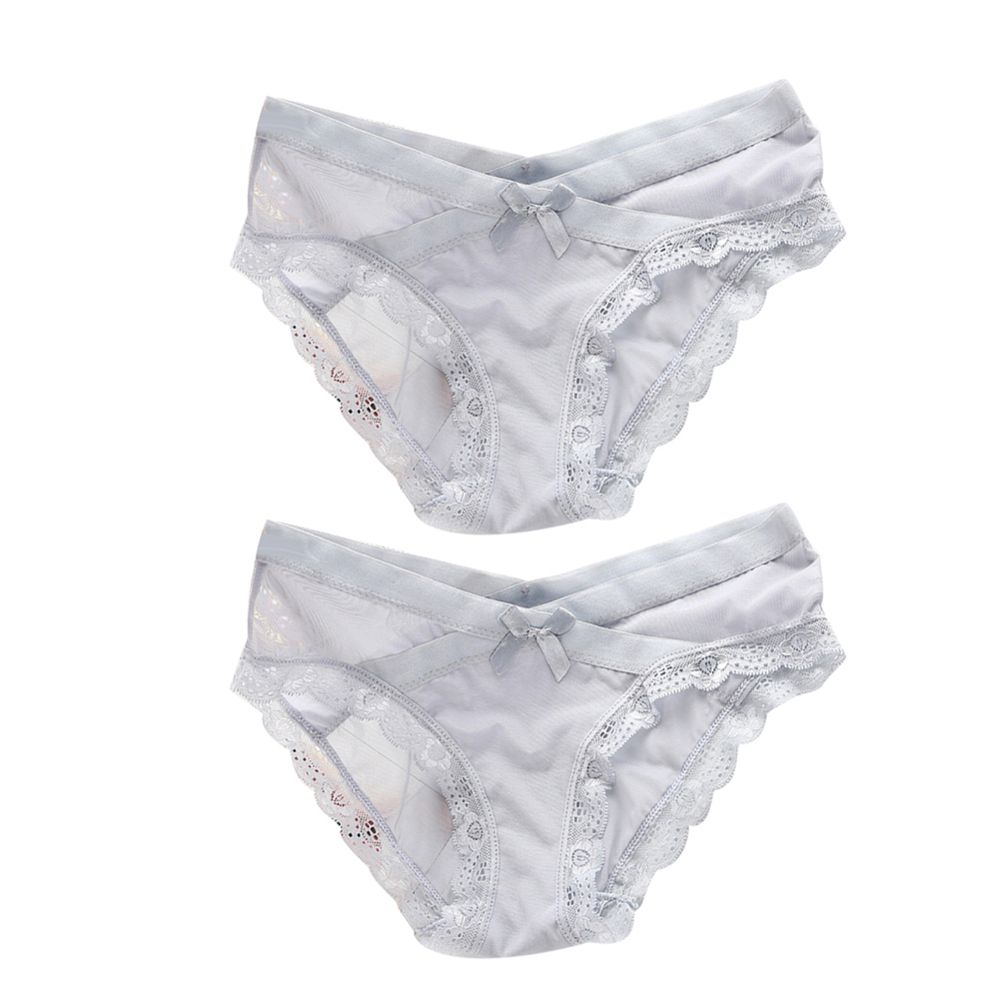 2Pcs Women Solid Color Lace Trim Bow Decor Low Waist Ultrathin Elastic Briefs