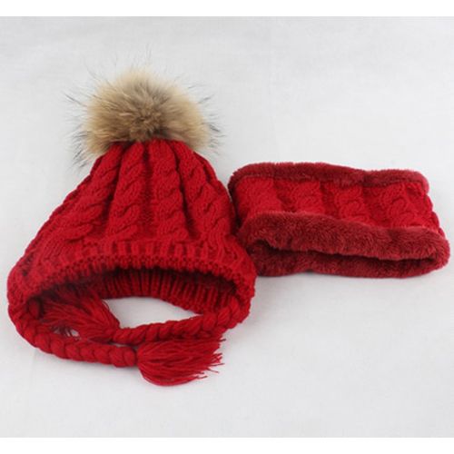 Fur Pompom Beanie Kids Baby Winter Hat Fleece Ear Protection Crochet Cap Warm Hat And Scarf Set For Children