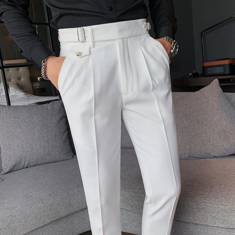 New Design Men High Waist Trousers Solid England Business Casual Suit Pants Belt Straight Slim Fit Bottoms White Clothing