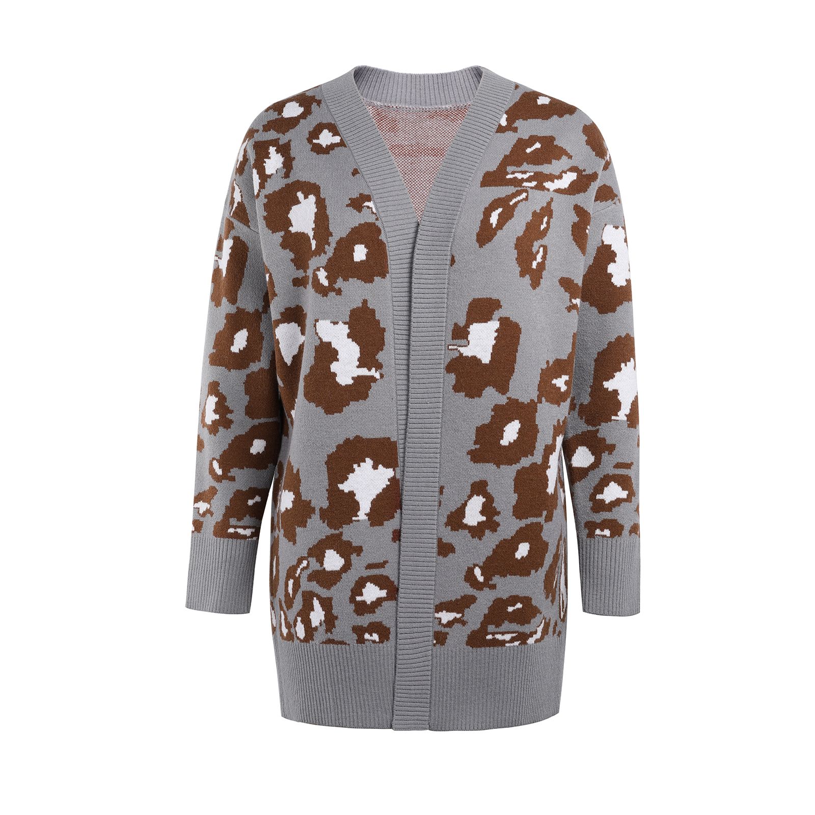Women Color Block Cardigan, Adults Open Front Leopard Print Long Sleeve V-neck Knit Sweater