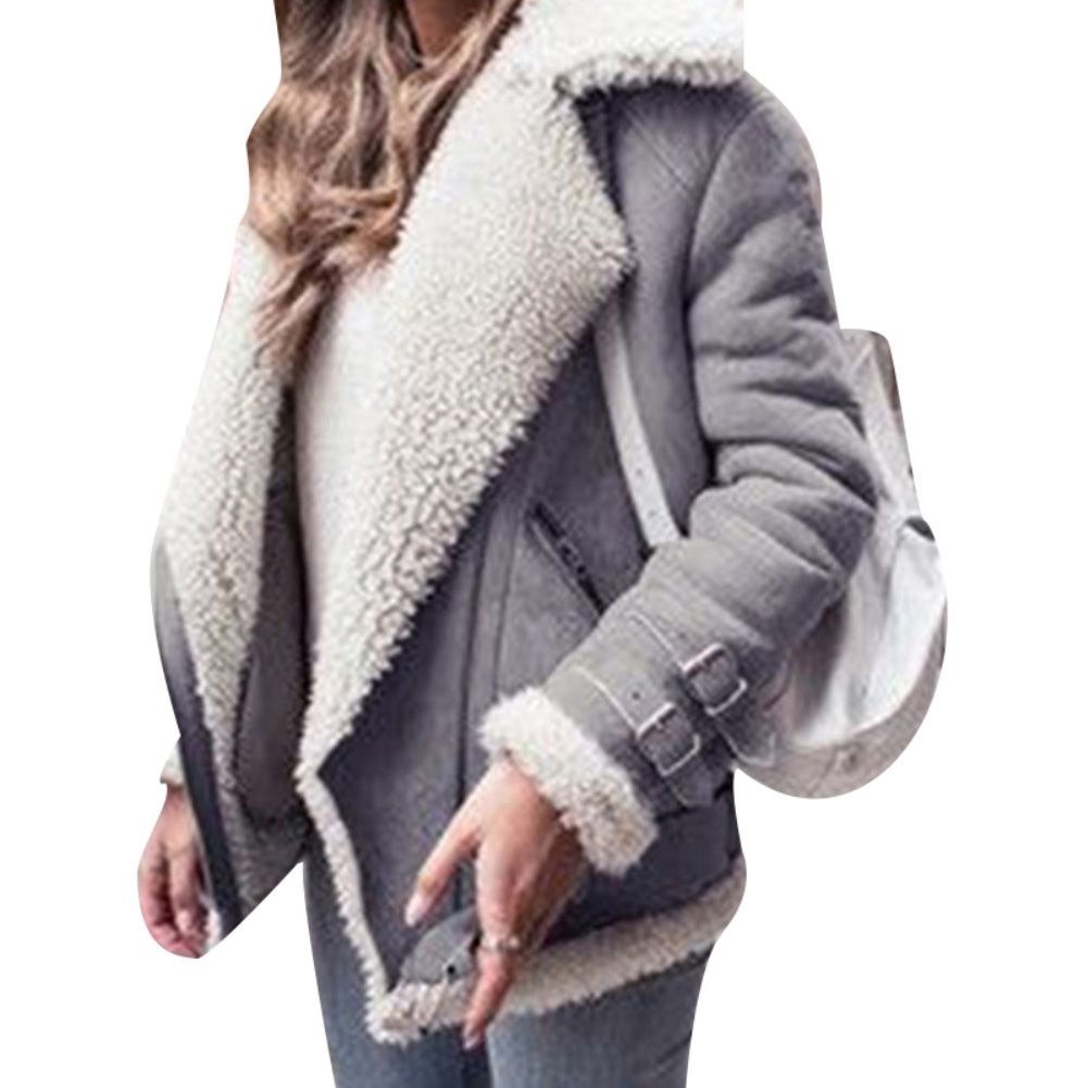 Winter Women Thicken Lapel Bomber Jacket Loose Buckle Straps Long Sleeve Outwear