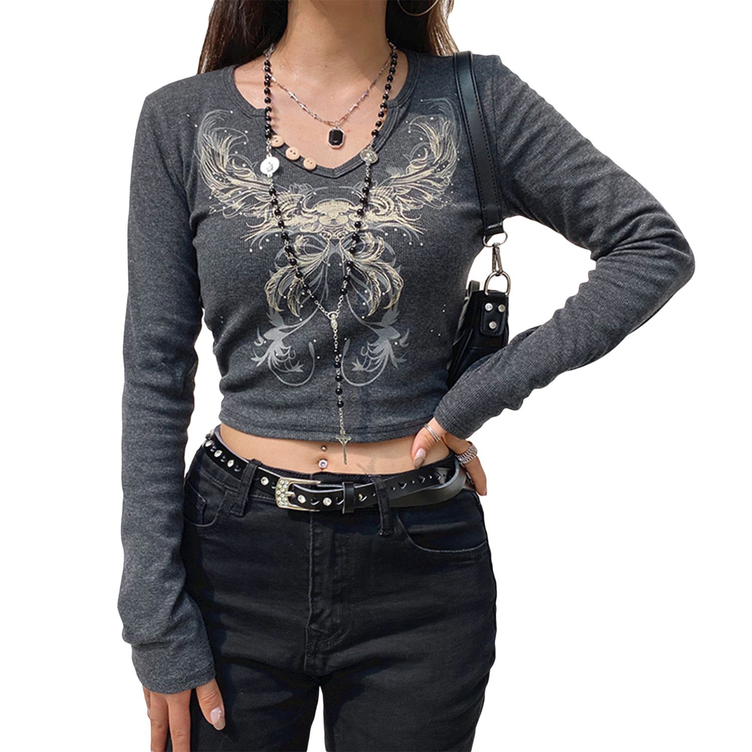 Women Abstract Print Crop Tops, Casual Long Sleeve Notched V Neck Rhinestone T-Shirts
