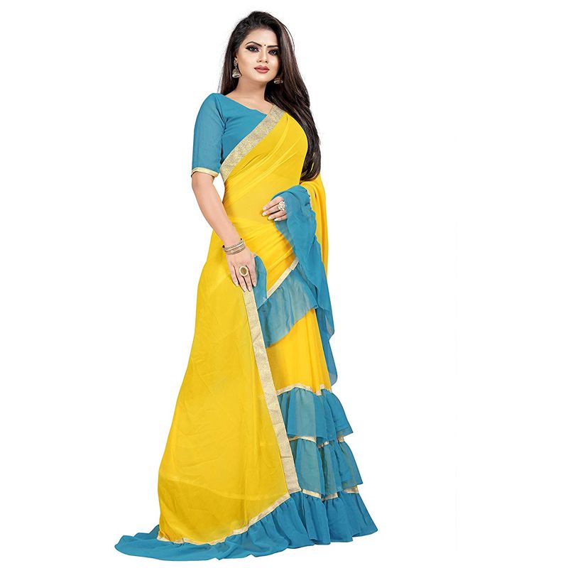 Anjaneya Sarees Women's Georgette Ruffle Frill Saree with Blouse By Safi Store