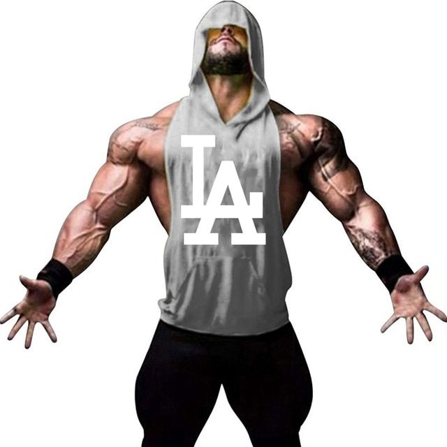 Men's Gyms Fitness Sleeveless Srt TaTops Workout Running Hoodie Vest LA Letter Print Top Male Bodybuilding Gym clothing