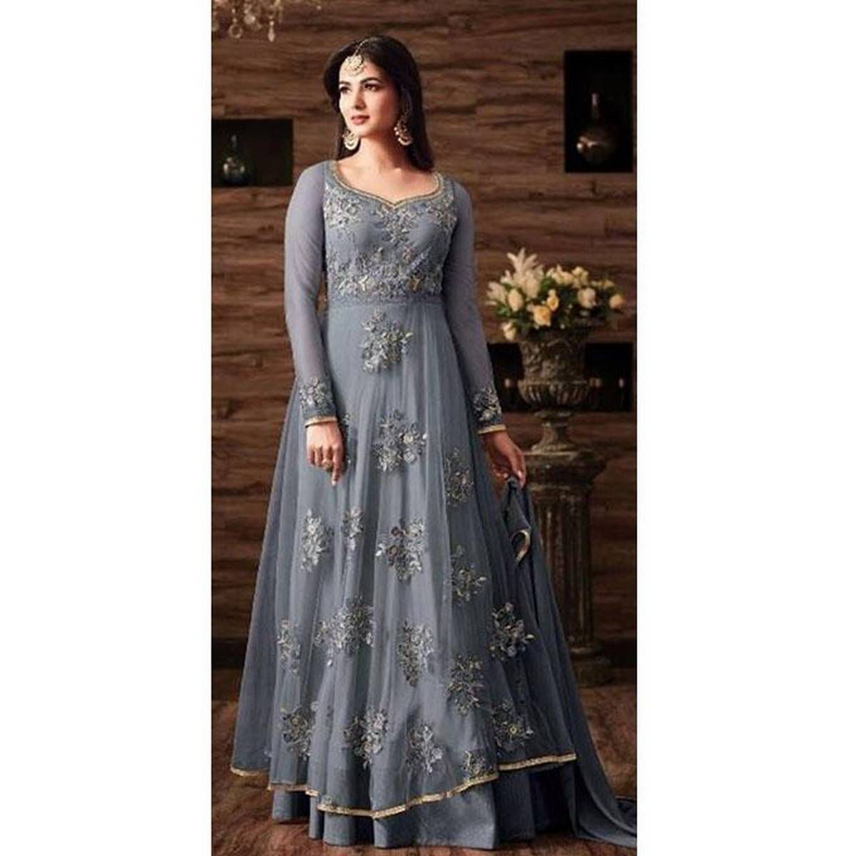 Fashionable Steel Blue Georgette Semi Stitched Gown for Women