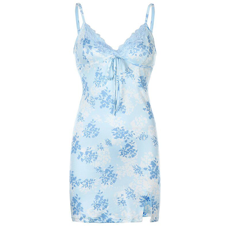 V Neck Lace Sleeveless Mini Dress Women Split Summer BacklessShort Dresses Ladies Printed Beach