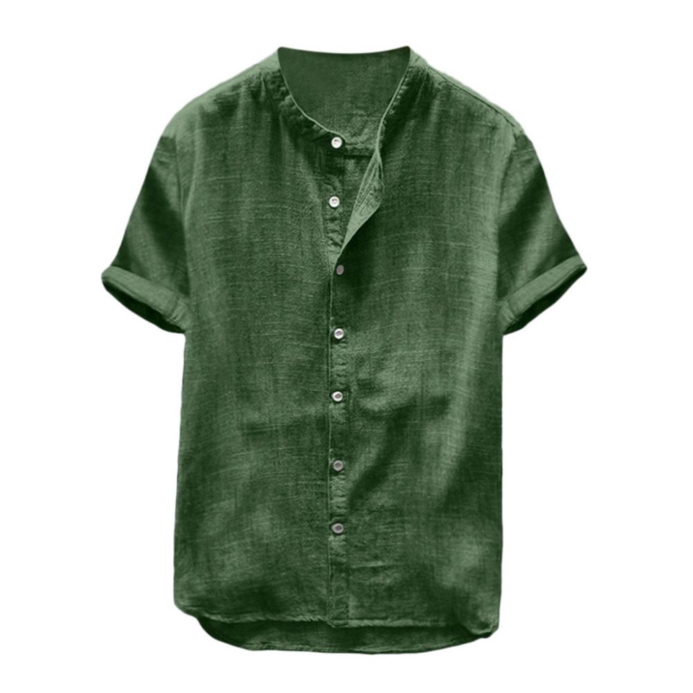 Summer Men Cotton Linen Blouse Casual Solid Color Short Sleeve Cotton Linen Button Down Beach Loose Holiday Shirt Comfortable