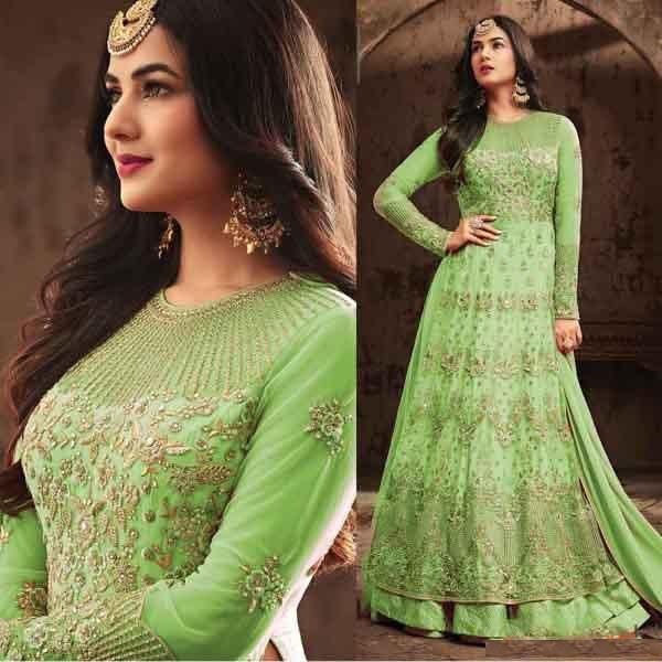 Unstitched Spring Green Georgette Gown For Women
