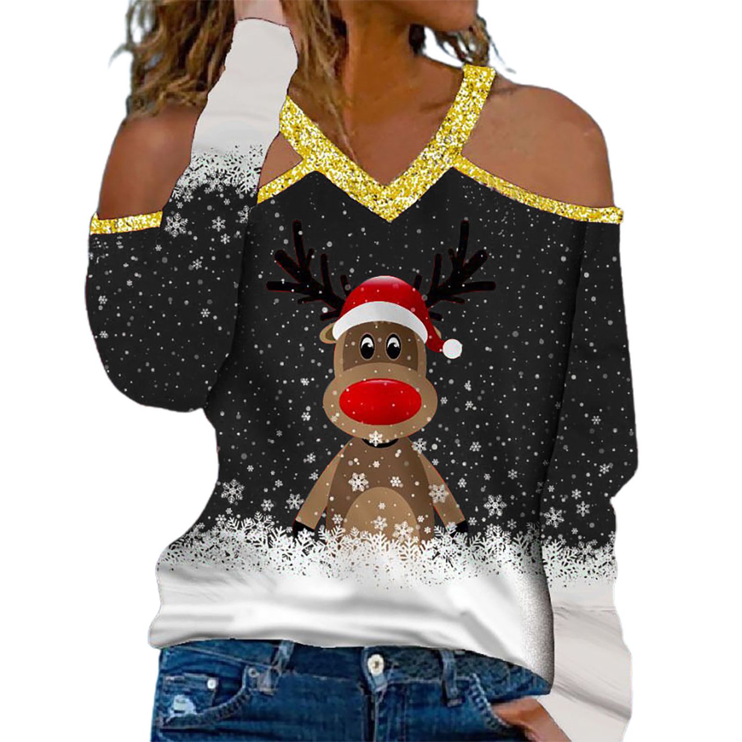 Xmas Blouse Long Sleeve Snowflake Print Off Shoulder Xmas Blouse