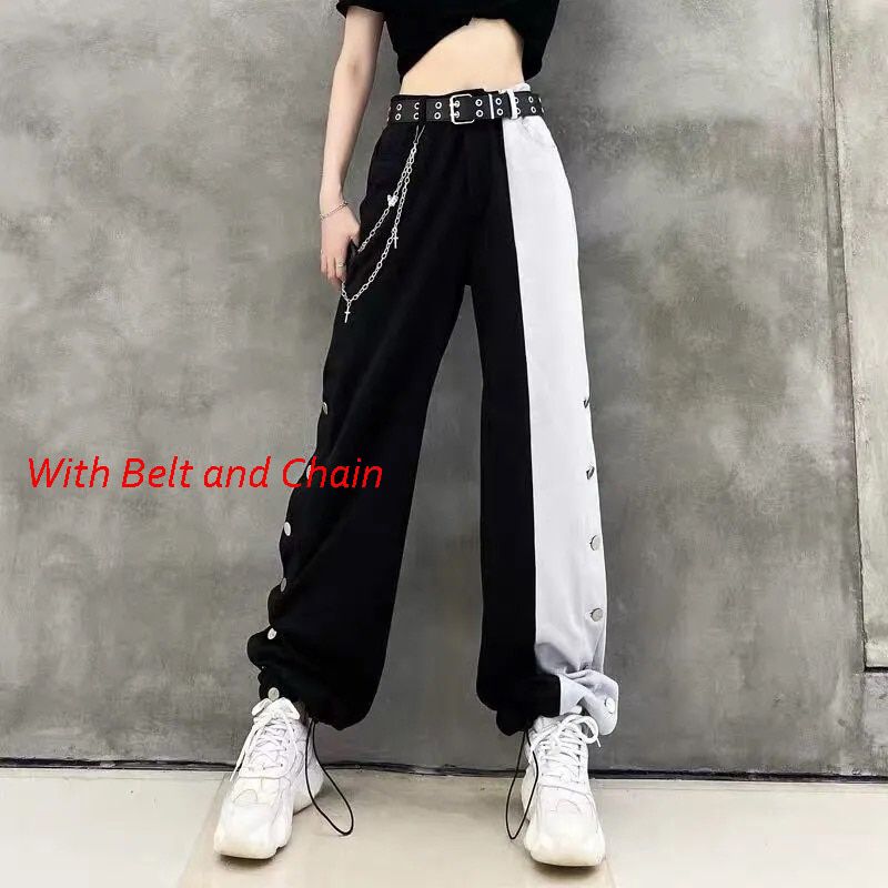 Women Fashion Contrast Cargo Pants Female Elastic Waist Wide Leg Trousers Ladies Korean High Street Pant Plus Size