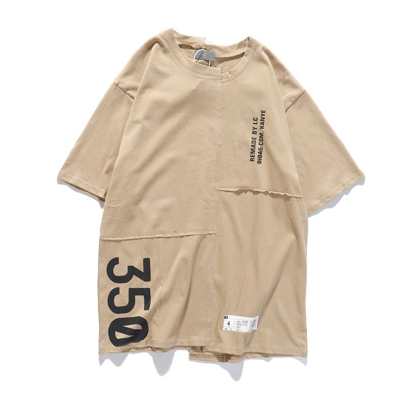Kanye West Spoof Asymmetric Men Summer 350 T-Shirts Hop Streetwear Khaki Oversized Tops Tees Casual Letter Print TShirts