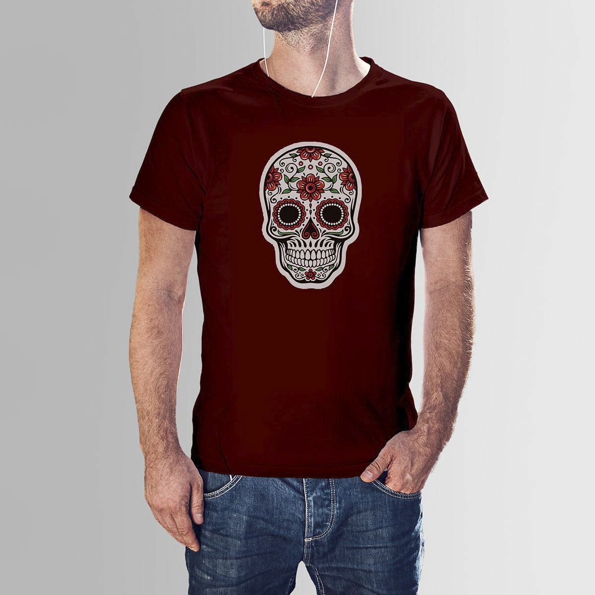 Maroon Cotton Colourful Skull HNH  T-shirt For Men