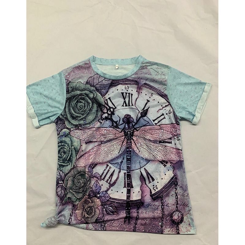 New Woman Vintage Print T-shirt,  Rolled Sleeve Round Neck Pullover Summer Loose Clothes