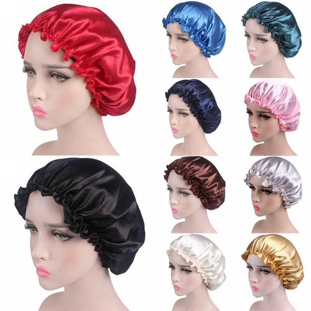【ALLGOOD】Sleep Cap Hair Bonnet Hat Head Cover Satin Turban Wrap Band Elastic