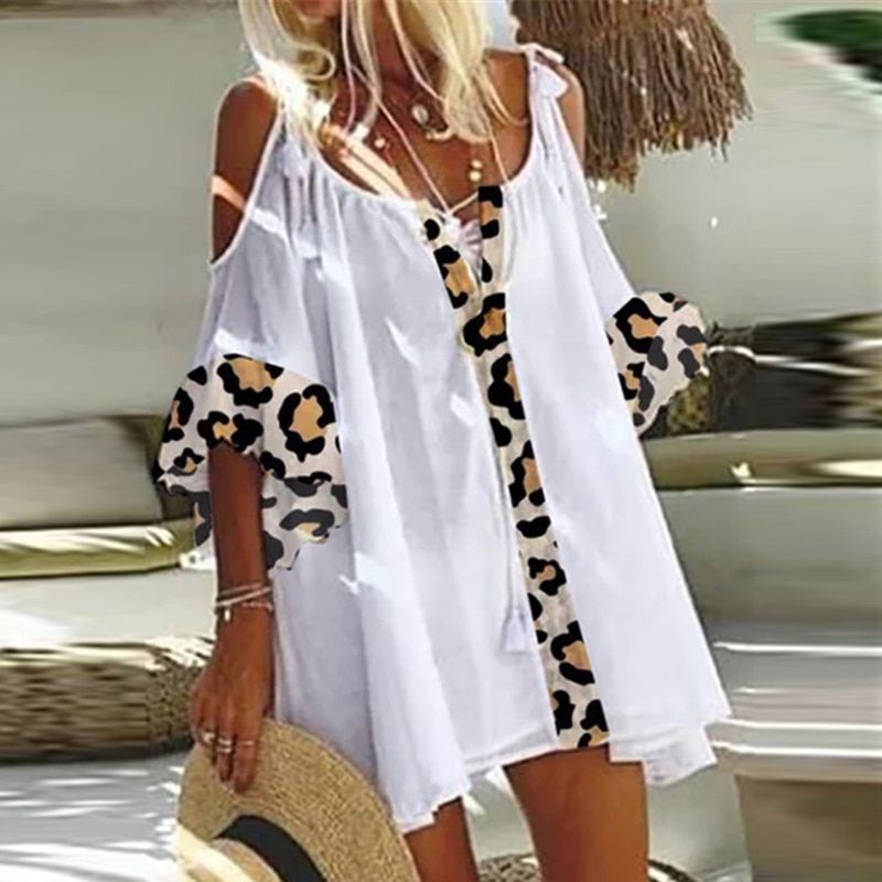 Casual Retro Floral Print Women Loose Dresses Summer Sexy Off Shoulder Mini Dress Fashion Elegant Flare Sleeve Lady Party Dress