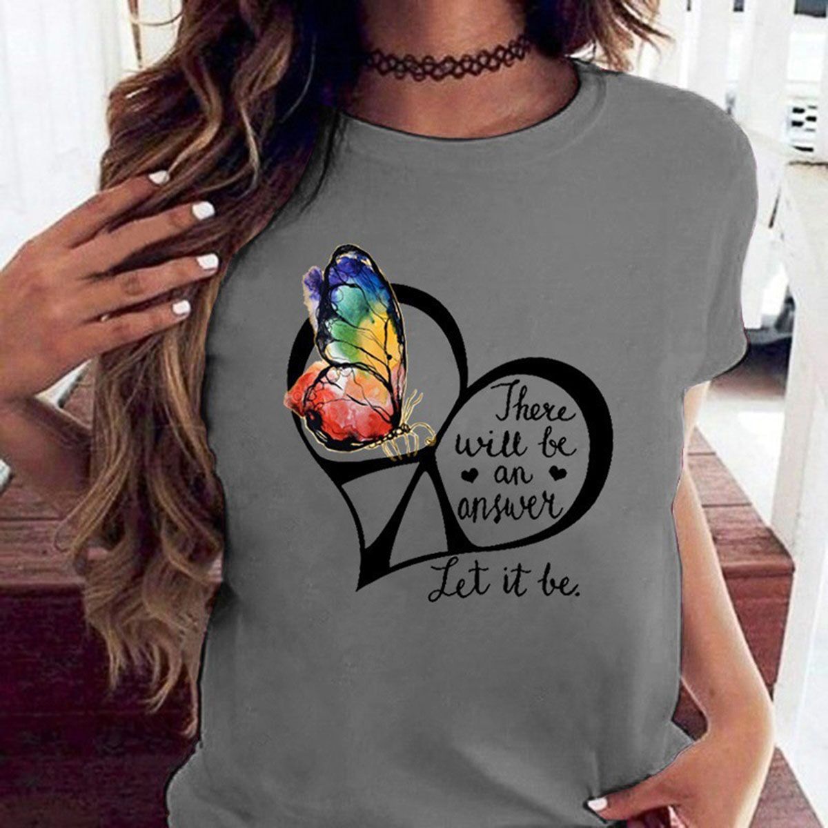 Women Top Letters Print Colorful Pattern Crew Neck T-shirt