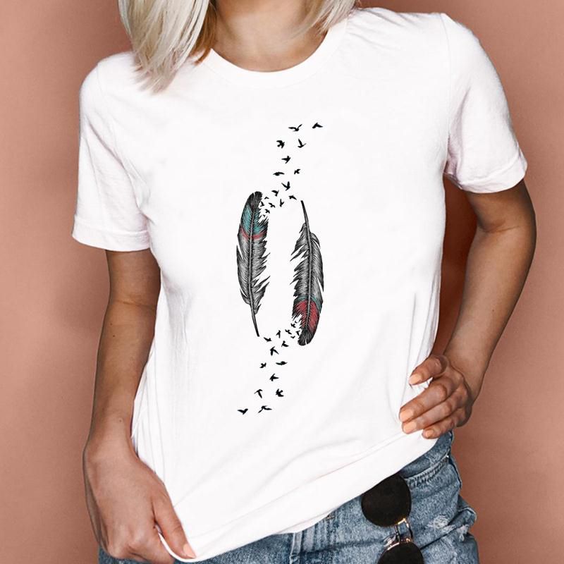 Women Graphic Feather Printing Fashion 90s Cute Watercolor Short Sleeve Lady Clothes Tops Tees Print Female Tshirt T-Shirt