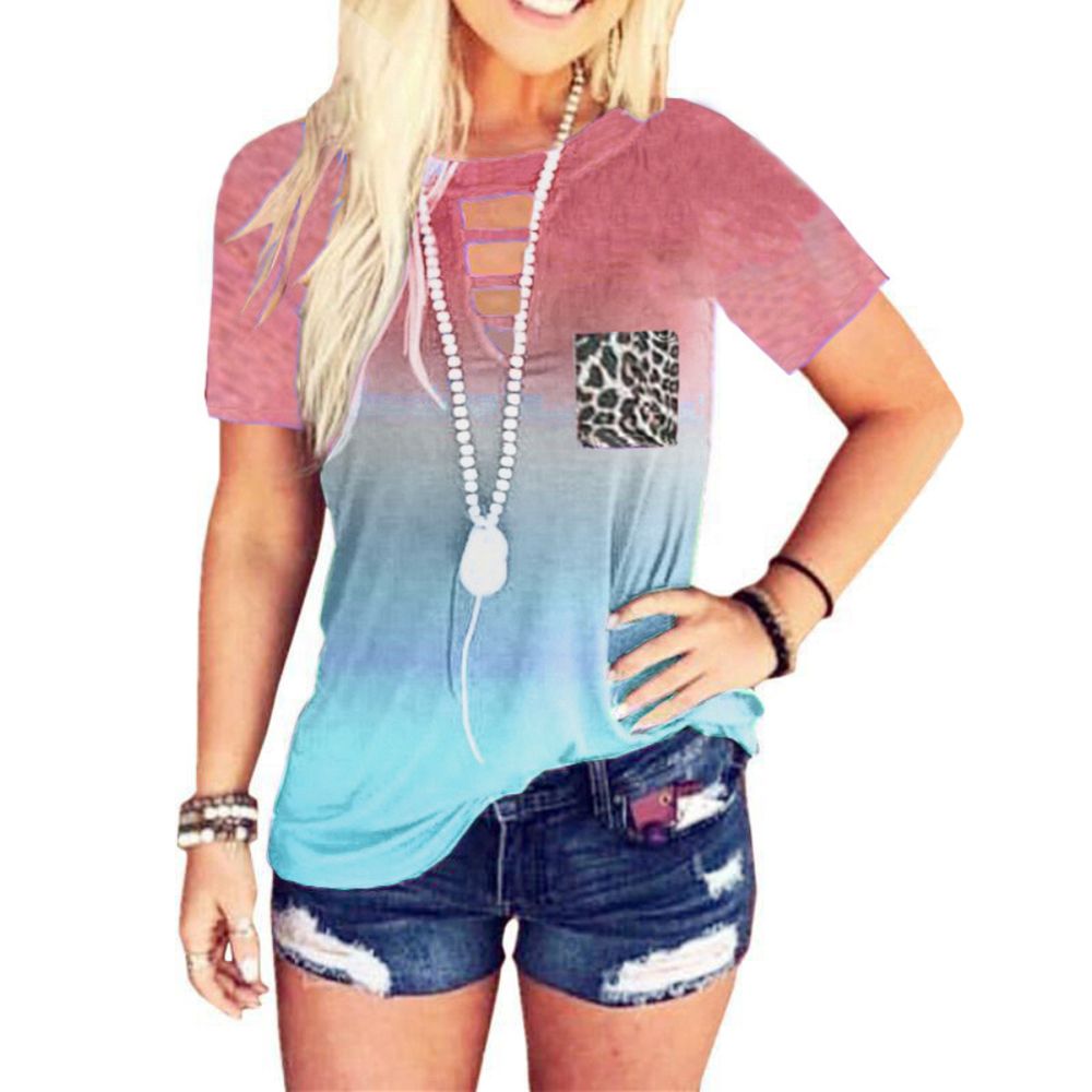 Women Gradient Color Short Sleeve Round Neck T-shirt Tee Top