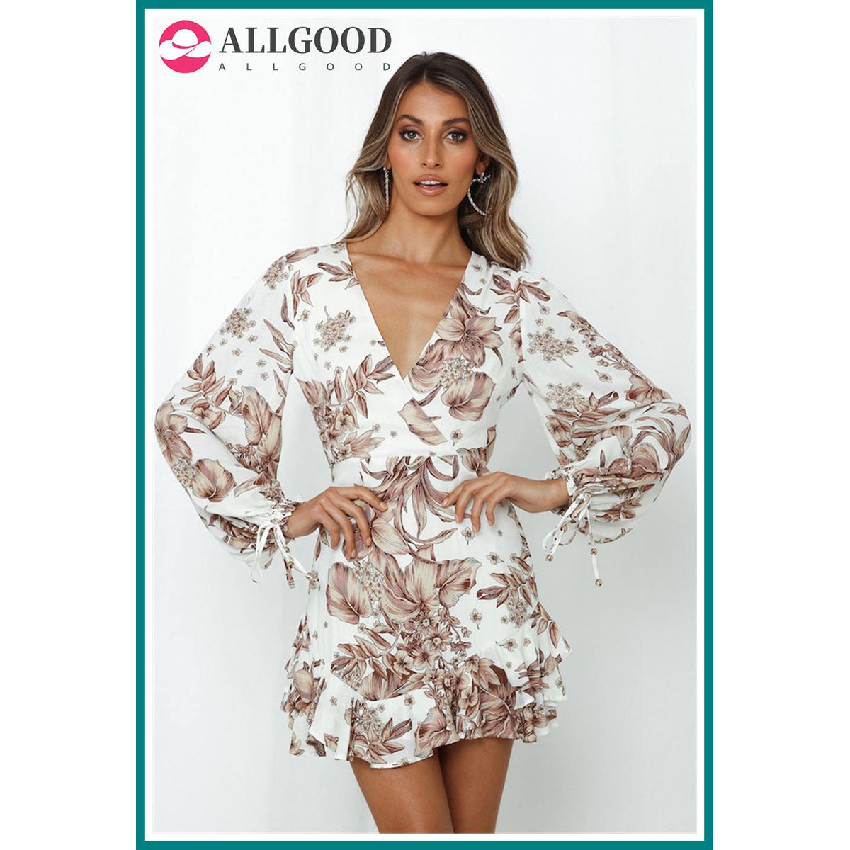 Dress Women Autumn Floral Printed Dress Adults Casual Style Backless Long Sleeve V-neck Lace-up One-piece Pleated Mini Dress