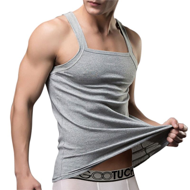 Fashion Brand Men's 95%Cotton+5%Spandex Square Collar TaTops Summer Male Bodybuilding Casual White/Gray/Black