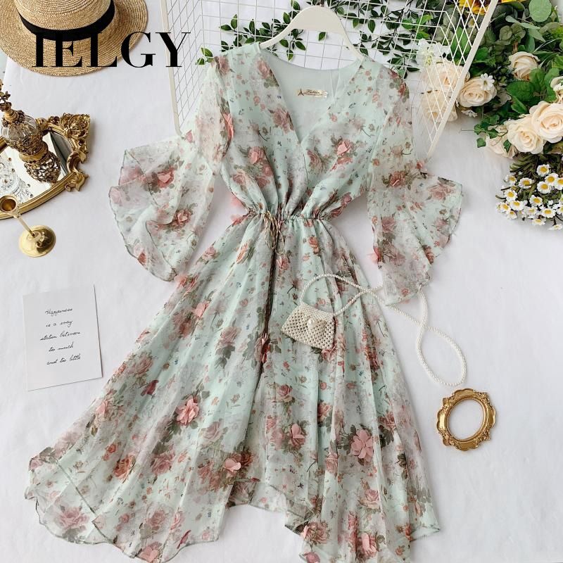 IELGY Summer Fairy Flare Sleeve Lace Up Waist Irregular Floral Chiffon Skirt
