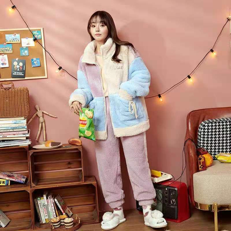 Coral Fleece Pajamas Sets For Women Fresh Style Sleepwear Flannel Winter Thick Warm Pyjamas Suit Homewear Clothes