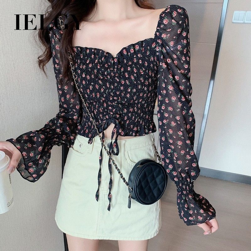 IELGY Women's Small Fresh Purple Floral Chiffon Shirt Long Sleeve Top