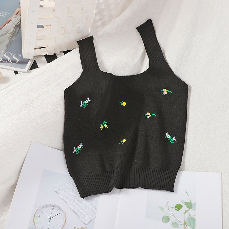 Knitted Tank Tops Summer Floral Embroidery Crop Top Sleeveless Short Tank Top Femme Knitting Sweet Short Crop Top