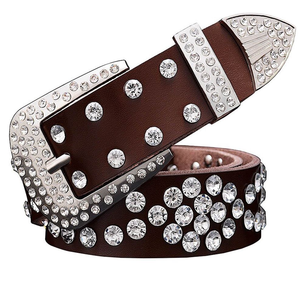 Fashion rhinestone leather belts for women Unisex waist belt men Quality second layer skin strap width 3.3 cm