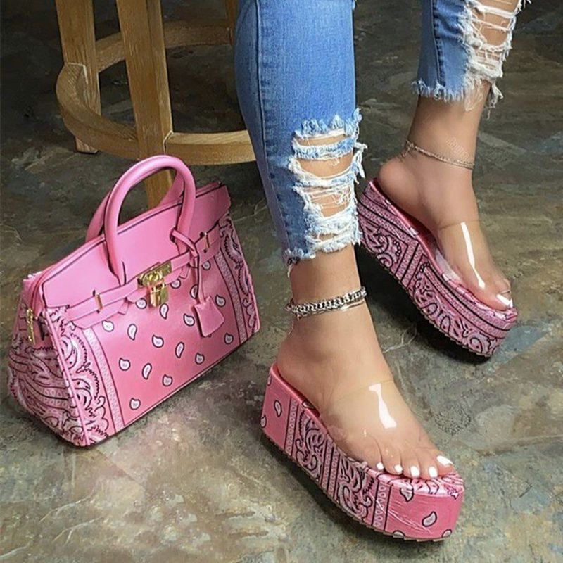 Summer new graffiti printing thick-soled transparent PVC outdoor leisure all-match women sandals flat high-heeled slippers