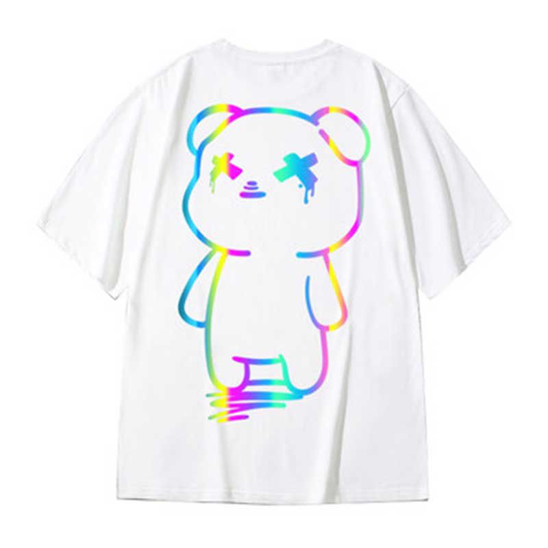 Oversize t shirts Cartoon Bear Print Reflective RainT Shirts Harajuku Streetwear Top Tees Cotton Casual Half Sleeve Clothing