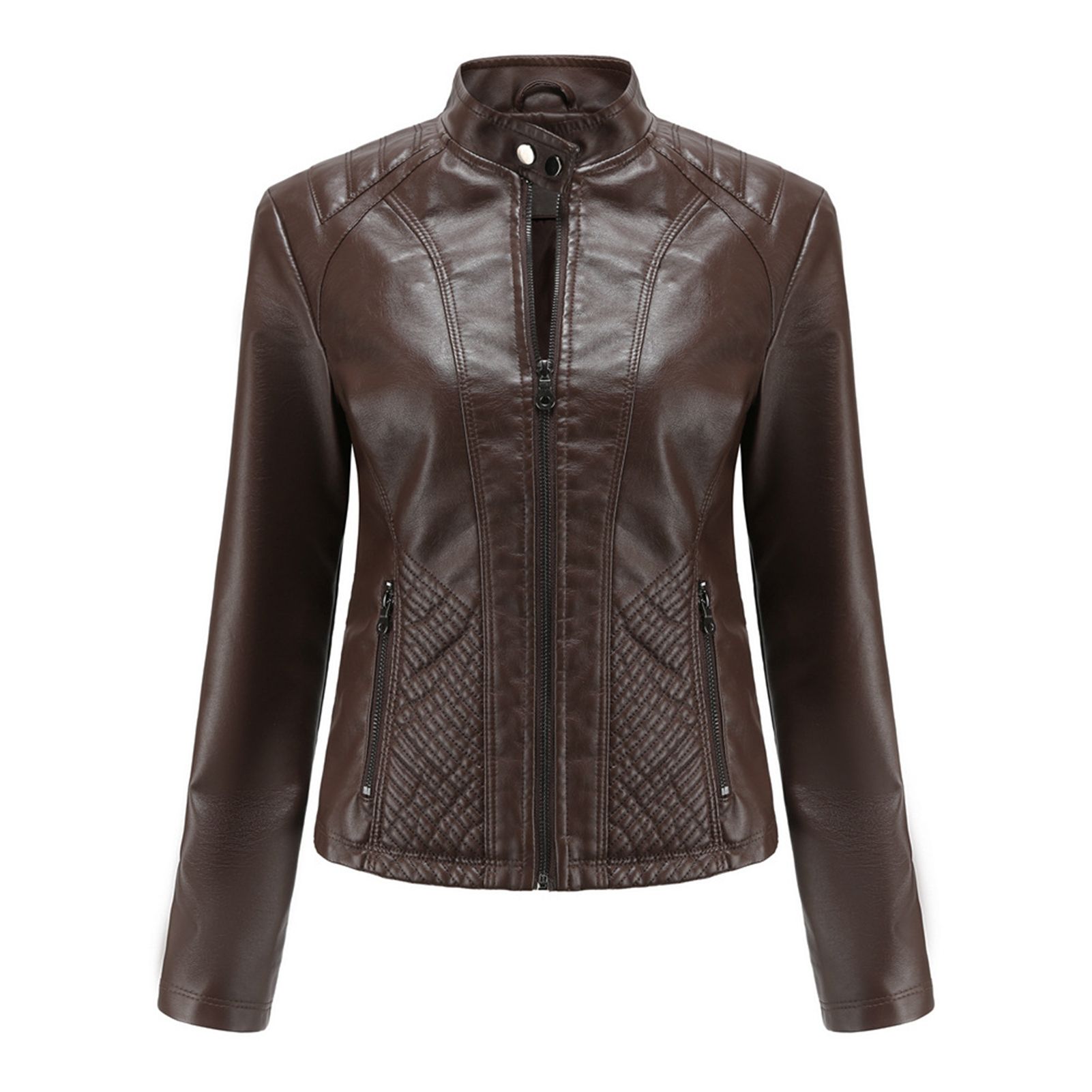 Women Jacket Buttons Neck Stand Collar Solid Color Motorcycle Jacket