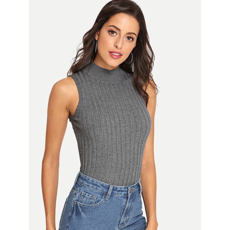 New Summer Autumn Women Mock Neck Top Turtleneck Sleeveless T-shirt Slim Knitted Vest Female Tee Knitwear