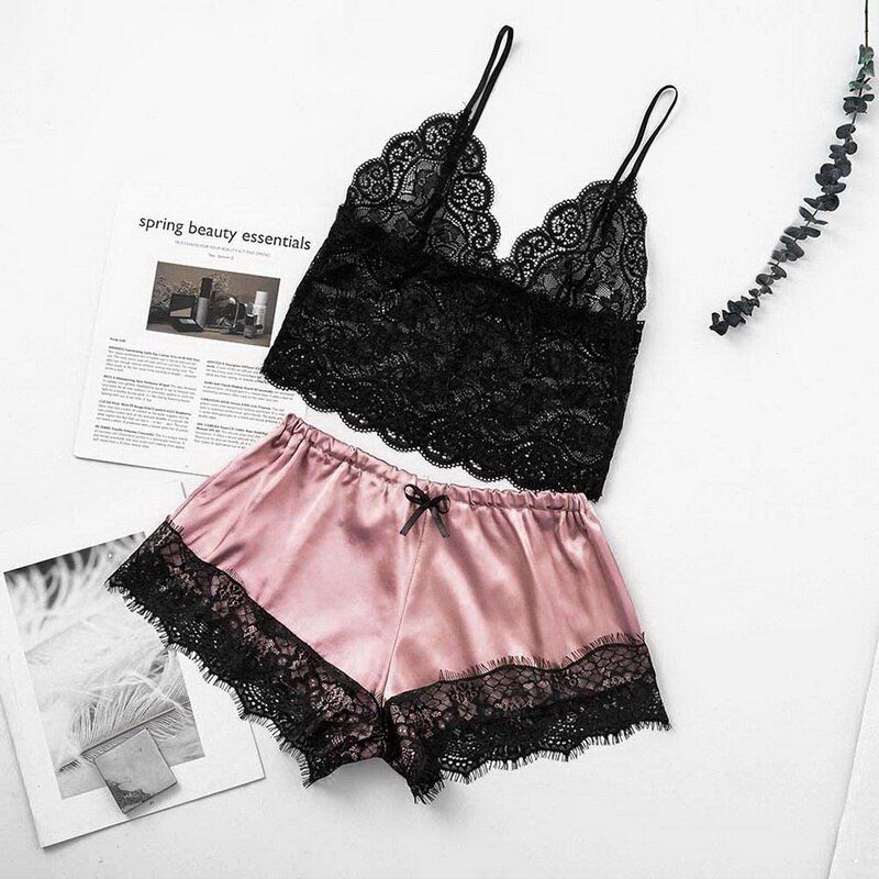 2 Piece Faux Silk Satin Pajama Set Shorts Women Pyjamas Summer Sleepwear Pijama Home Suit Sleep Loungewear PJS