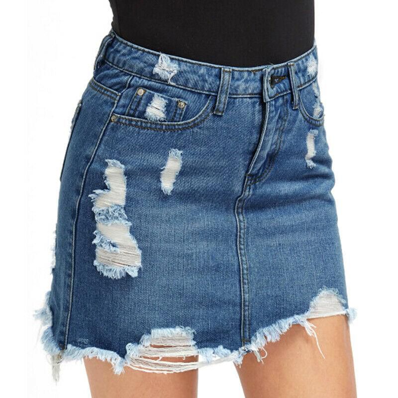 Women Summer Bodycon Denim Jeans Short Skirt Ripped High Waist Pencil Mini Skirt
