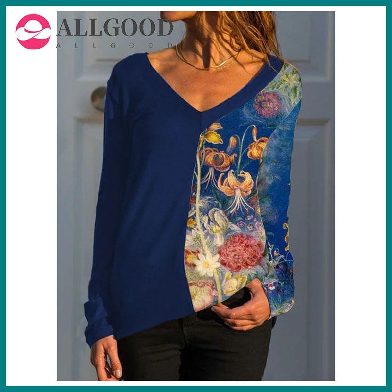 Autumn V-Neck Long Sleeve Flower Print Women Fresh Fashion Top Street Casual Plus Size Streetwear Vintage Clothes Pullovers