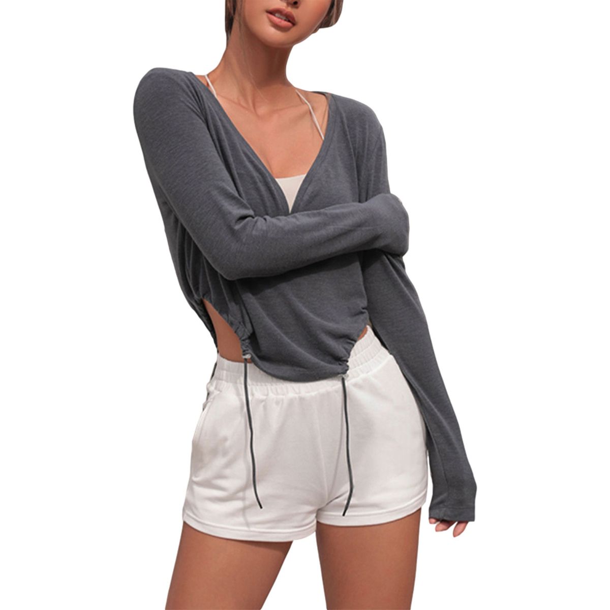 Women  Simple Style Pullover, Solid Color Deep V-neck Long Sleeve Irregular Tops, White/ Charcoal/ Apricot