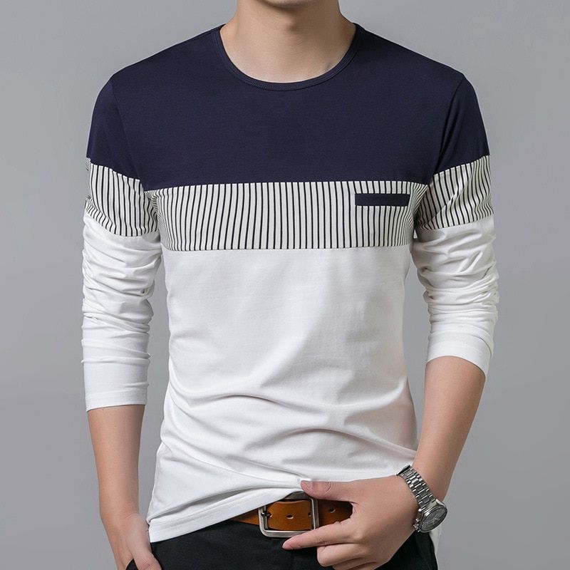 T Shirt Men Cotton Long Sleeve O Neck Striped Mens TShirts Fashion Patchwork Causal Slim Fit T Shirt Man Brand Men Clothing
