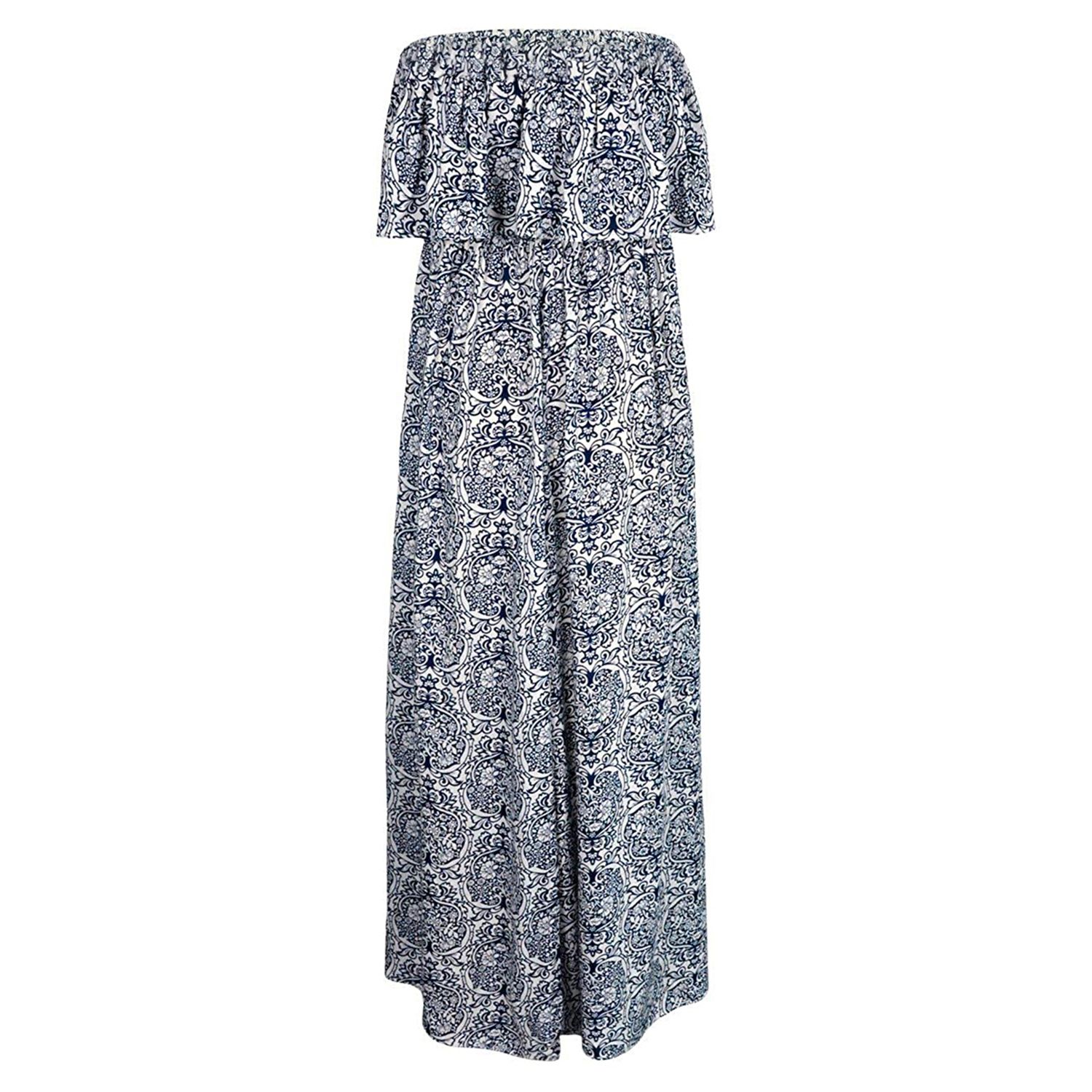 Women’s  Tube Tops A-line Dress Vintage Printing Ruffles Off-the-shoulder Long Dress